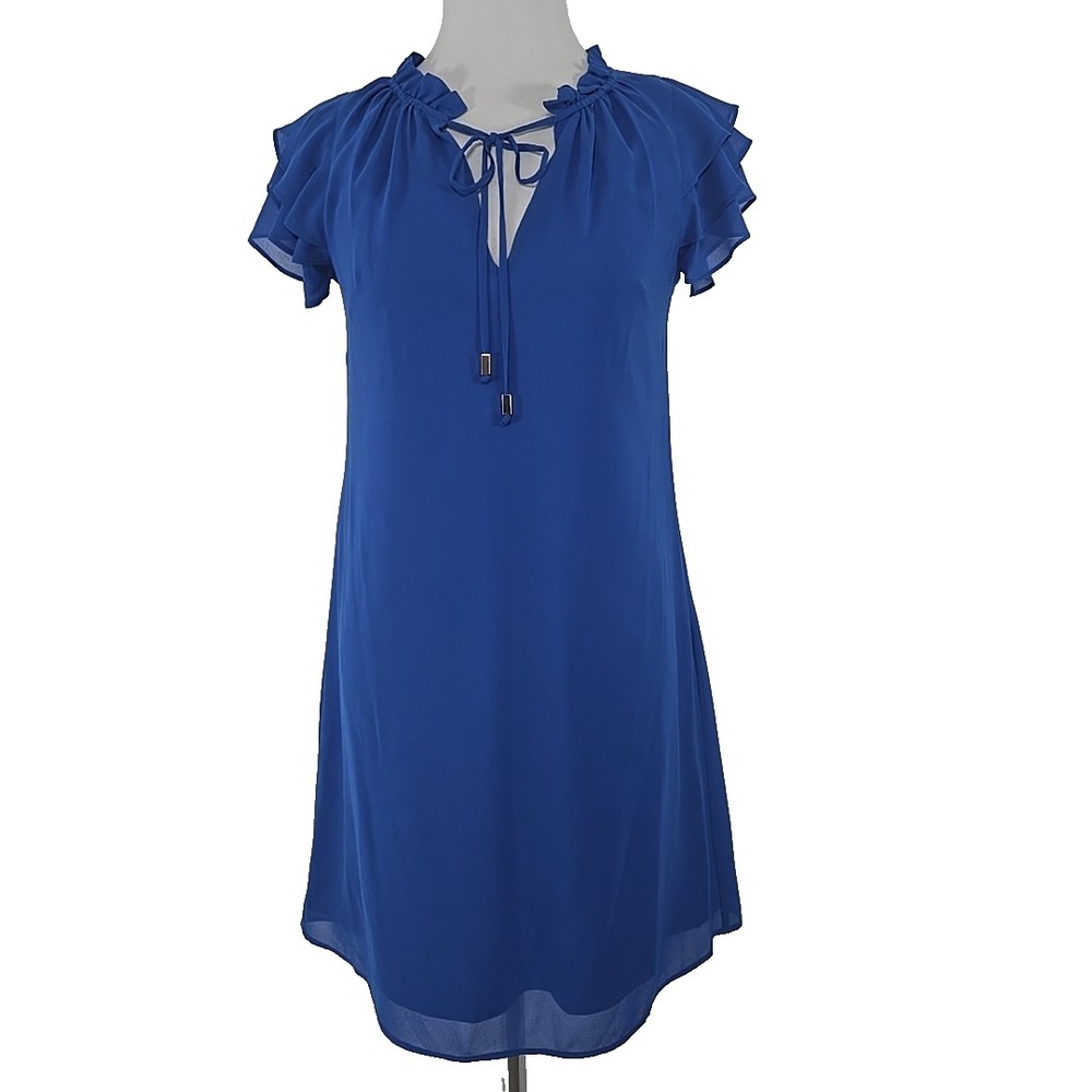 Vince Camuto Size 2 Dress Blue‎ Chiffon Cap Sleeve Tie-Ruffle- V-neck Lined